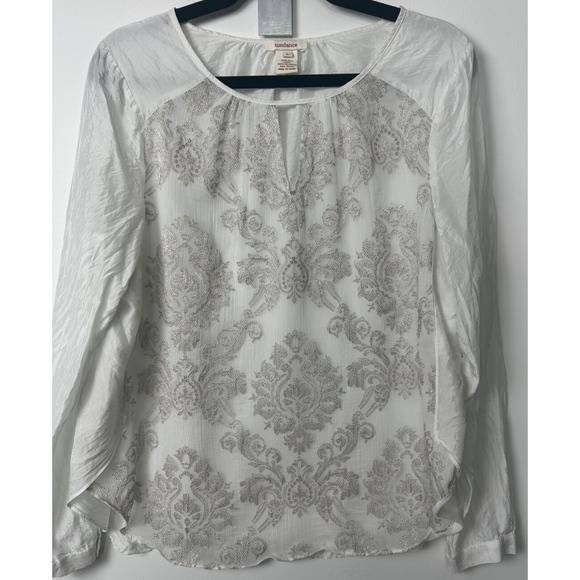 Sundance 100% Silk Sz L Embroidered Long Sleeve Blouse White Silver Keyhole B21 - Picture 1 of 6